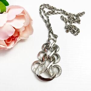 Crown Trifari Vintage Silver Braided Swirl Pendant Necklace